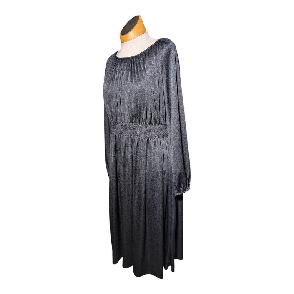 Vtg 1970s Rona Black Polyester Gathered Sleeve Ruched Waist Midi Dress Sz 14